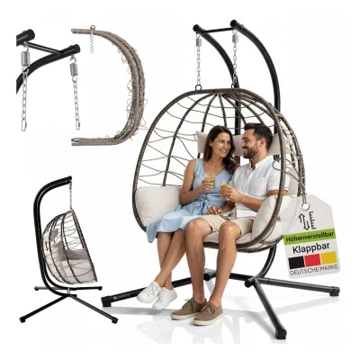 Juskys Doppelhängesessel Aria - Polyrattan Hängesessel mit Gestell & Kissen - 2 Personen - Beige