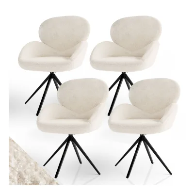 Juskys Drehstuhl Albano – Bouclé Stoff, 360 Grad drehbar, verstellbare Füße, gepolstert – Creme 4er Set