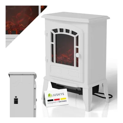 Juskys Elektrokamin 2000 W – Weiß, mit Flammeneffekt & 2 Heizstufen für Zuhause, inkl. Thermostat