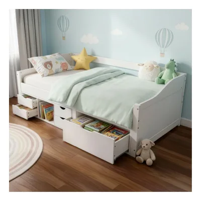 Juskys Funktionsbett Nalu 90x200 cm - Holz Bett mit Lattenrost & Schubladen - Stauraumbett Weiß