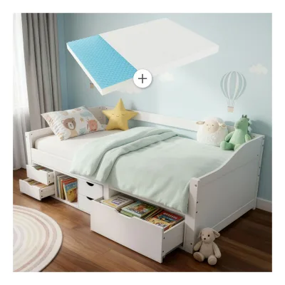 Juskys Funktionsbett Nalu 90x200 cm - Holz Bett mit Matratze & Lattenrost - Stauraumbett Weiß