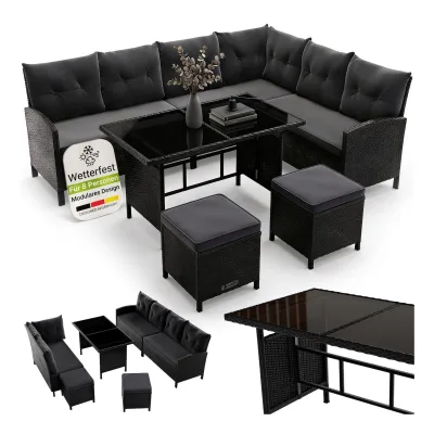 Juskys Gartenlounge Manacor schwarz - Sofa, Tisch, Hocker & Kissen - 8 Personen - Sitzbezüge in Grau