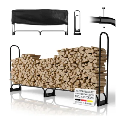 Juskys Kaminholzregal L 260x117x36 cm – Schwarz, außen, Metall mit Abdeckung & 300 kg belastbar