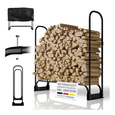 Juskys Kaminholzregal M 130x117x36 cm – Schwarz, außen, Metall mit Abdeckung & 200 kg belastbar
