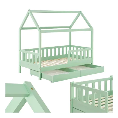 Juskys Kinderbett Marli 80 x 160 cm mit Bettkasten, Gitter, Lattenrost & Dach - Holz Hausbett Mint
