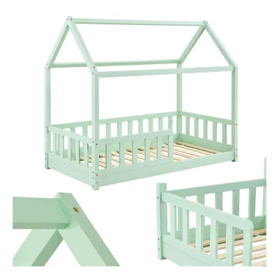 Juskys Kinderbett Marli 80 x 160 cm Rausfallschutz, Lattenrost & Dach   Mint   Hausbett   Holz