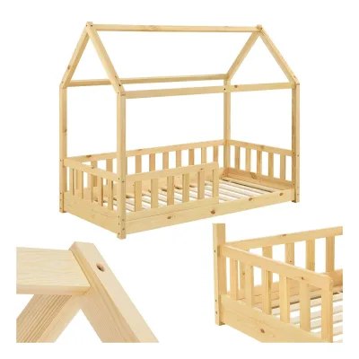 Juskys Kinderbett Marli 80 x 160 cm Rausfallschutz, Lattenrost & Dach   Natur   Hausbett   Holz