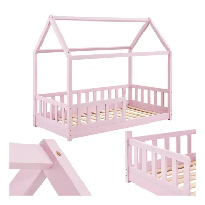 Juskys Kinderbett Marli 80 x 160 cm Rausfallschutz, Lattenrost & Dach   Rosa   Hausbett   Holz