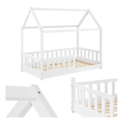 Juskys Kinderbett Marli 80 x 160 cm Rausfallschutz, Lattenrost & Dach   Weiß   Hausbett   Holz