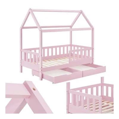 Juskys Kinderbett Marli 90 x 200 cm mit Bettkasten, Gitter, Lattenrost & Dach - Holz Hausbett Rosa