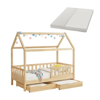 Juskys Kinderbett Marli 90 x 200 cm mit Matratze, Bettkasten, Gitter, Lattenrost & Dach - Bett Natur