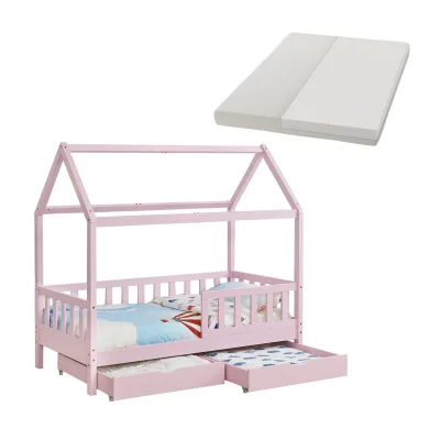 Juskys Kinderbett Marli 90 x 200 cm mit Matratze, Bettkasten, Gitter, Lattenrost & Dach - Bett Rosa