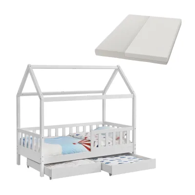 Juskys Kinderbett Marli 90 x 200 cm mit Matratze, Bettkasten, Gitter, Lattenrost & Dach - Bett Weiß