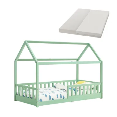 Juskys Kinderbett Marli 90 x 200 cm mit Matratze, Gitter, Lattenrost & Dach - Bett Mint