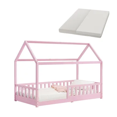 Juskys Kinderbett Marli 90 x 200 cm mit Matratze, Gitter, Lattenrost & Dach - Bett Rosa