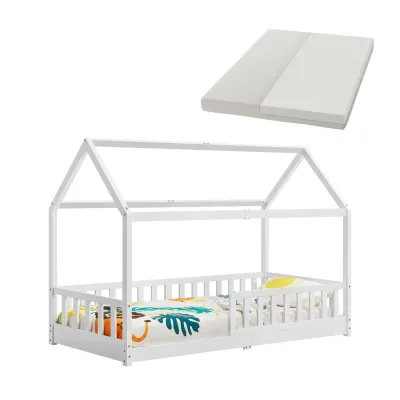 Juskys Kinderbett Marli 90 x 200 cm mit Matratze, Gitter, Lattenrost & Dach - Bett Weiß