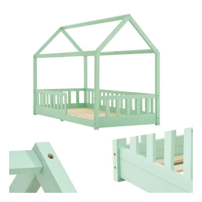 Juskys Kinderbett Marli 90 x 200 cm mit Rausfallschutz, Lattenrost & Dach - Holz Hausbett Mint