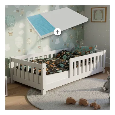 Juskys Kinderbett Naya 90x200 cm - Bett mit Matratze, Rausfallschutz & Lattenrost - Bodenbett Weiß