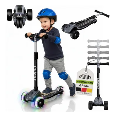 JUSKYS® Kinderroller Lumox Schwarz - LED-Rollen mit 4-Farb-Blinkeinstellung, höhenverstellbarer Kinderscooter, klappbar & Hinterradbremse, Dreiradscooter
