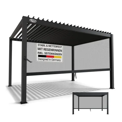 Juskys Lamellendach Tahiti 3x4 m inkl. Seitenwand 4 m - Stahl Pergola - Terrassenüberdachung stabil - Anthrazit