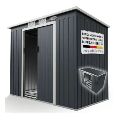Juskys Metall Gerätehaus Geräteschuppen M mit Pultdach, Schiebetür & Fundament 4m³ anthrazit