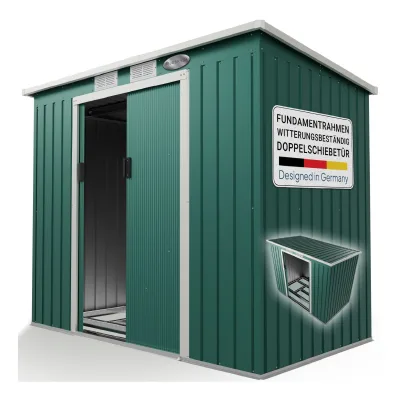 Juskys Metall Gerätehaus Geräteschuppen M mit Pultdach, Schiebetür & Fundament 4m³ grün