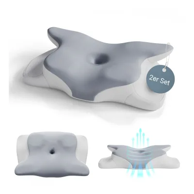 Juskys Nackenkissen 2er Set - Ergonomisch & Memory-Foam, Anpassungsfähig, Atmungsaktiv - weiß / grau