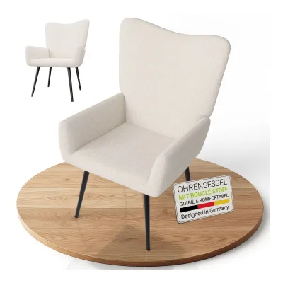Juskys Ohrensessel Odense ohne Hocker, Relaxsessel mit Boucle & Stahlgestell – Beige