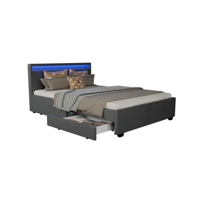 Juskys Polsterbett Lyon 140x200 cm mit Lattenrost, Bettkasten & LED Beleuchtung - grau