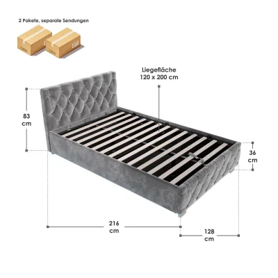 Juskys Polsterbett Nizza 120x200 cm - Lattenrost, Stauraum & LEDs - Samtbezug mit Steppung - Grau