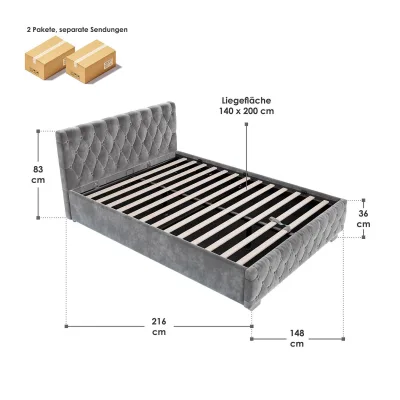 Juskys Polsterbett Nizza 140x200 cm - Lattenrost, Stauraum & LEDs - Samtbezug mit Steppung - Grau