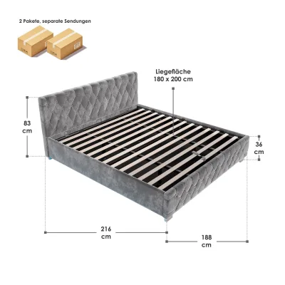Juskys Polsterbett Nizza 180x200 cm - Lattenrost, Stauraum & LEDs - Samtbezug mit Steppung - Grau