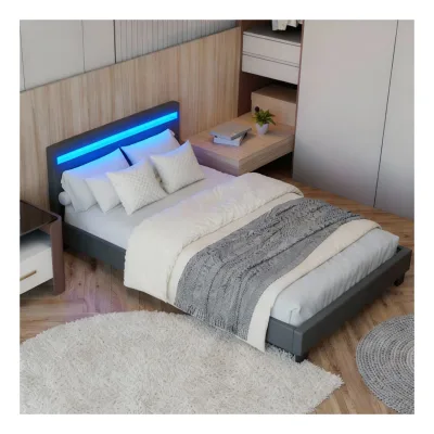 Juskys Polsterbett Paris 120 x 200 cm – Bett mit LED-Beleuchtung, Lattenrost & Kopfteil - Grau