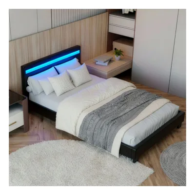 Juskys Polsterbett Paris 120 x 200 cm – Bett mit LED-Beleuchtung, Lattenrost & Kopfteil Schwarz
