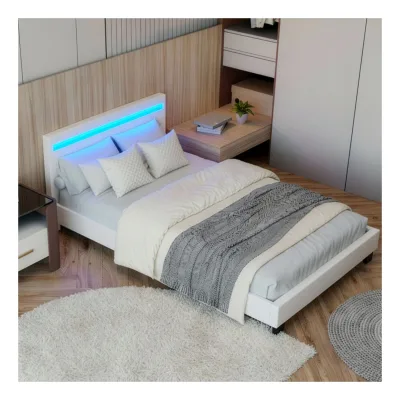 Juskys Polsterbett Paris 120 x 200 cm – Bett mit LED-Beleuchtung, Lattenrost & Kopfteil - Weiß