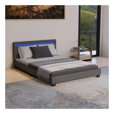 Juskys Polsterbett Paris 140 x 200 cm grau – Bett mit LED Beleuchtung, Lattenrost & Kopfteil