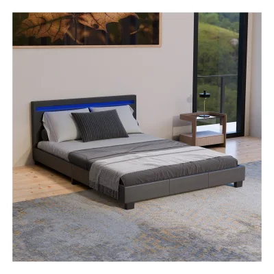 Juskys Polsterbett Paris 140 x 200 cm schwarz – Bett mit LED Beleuchtung, Lattenrost & Kopfteil