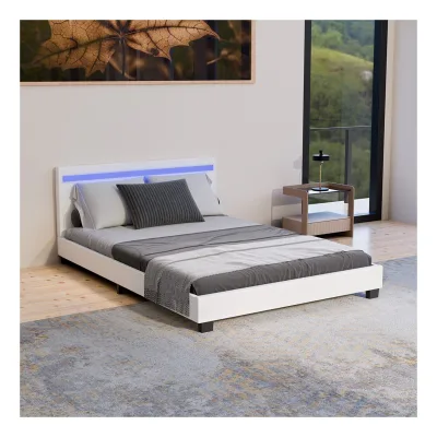Juskys Polsterbett Paris 140 x 200 cm weiß – Bett mit LED Beleuchtung, Lattenrost & Kopfteil