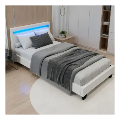 Juskys Polsterbett Paris 90 x 200 cm weiß – Bettgestell inkl. LED-Beleuchtung & Lattenrost