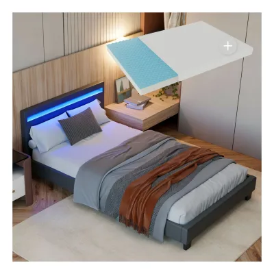 Juskys Polsterbett Paris grau   120×200 cm   Bettgestell LED-Beleuchtung, Lattenrost & Matratze