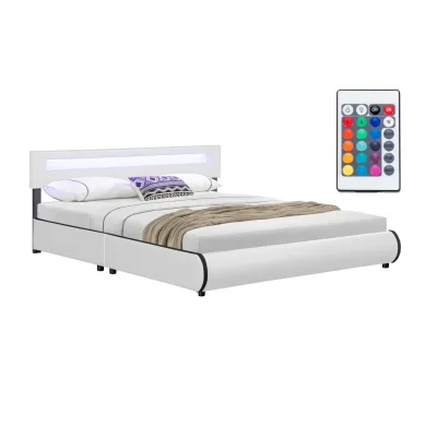 Juskys Polsterbett Sevilla 180x200 cm – Bett mit LED Beleuchtung & Lattenrost – Doppelbett weiß