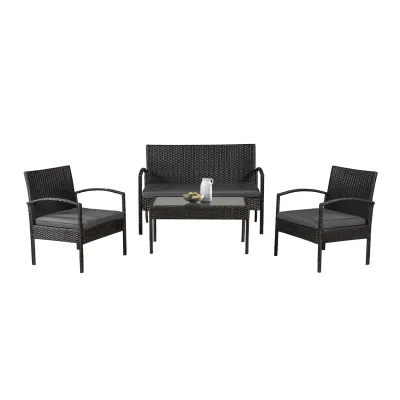 Juskys Polyrattan Balkonmöbel Trinidad schwarz, 4 Personen - Tisch, Bank, 2 Stühle, graue Auflagen