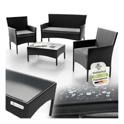 Juskys Polyrattan Gartenmöbel-Set Fort Myers schwarz mit Tisch, Sofa, 2 Stühle & Auflagen