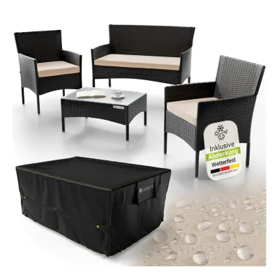 Juskys Polyrattan Gartenmöbel-Set Fort Myers schwarz mit Tisch, Sofa, 2 Stühle & Auflagen inkl. Abdeckung
