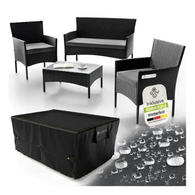 Juskys Polyrattan Gartenmöbel-Set Fort Myers schwarz mit Tisch, Sofa, 2 Stühle & Auflagen inkl. Abdeckung