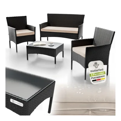 Juskys Polyrattan Gartenmöbel-Set Fort Myers schwarz mit Tisch, Sofa, 2 Stühle & Auflagen
