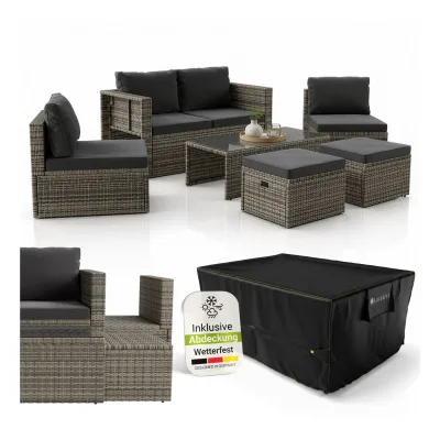 Juskys Polyrattan Gartenmöbel Set Salou inkl. Abdeckung - Outdoor Lounge für 6 Personen, wetterfest - Grau