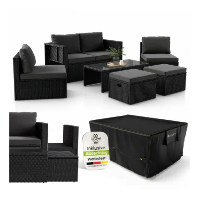 Juskys Polyrattan Gartenmöbel Set Salou inkl. Abdeckung - Outdoor Lounge für 6 Personen, wetterfest - Schwarz