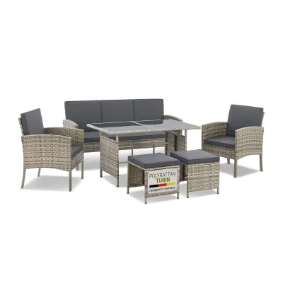 Juskys Polyrattan Gartenmöbel Sitzgruppe Turin Set 6 teilig - Outdoor Möbel mit Tisch – Lounge grau-meliert
