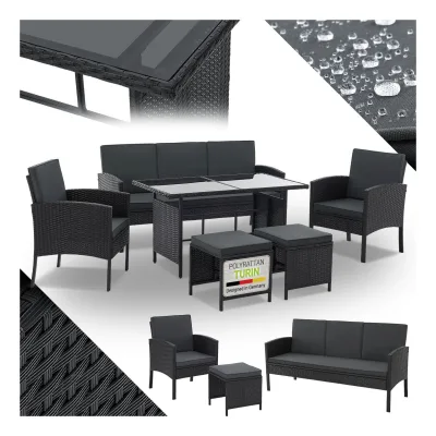 Juskys Polyrattan Gartenmöbel Sitzgruppe Turin Set 6 teilig - Outdoor Möbel mit Tisch - Schwarz